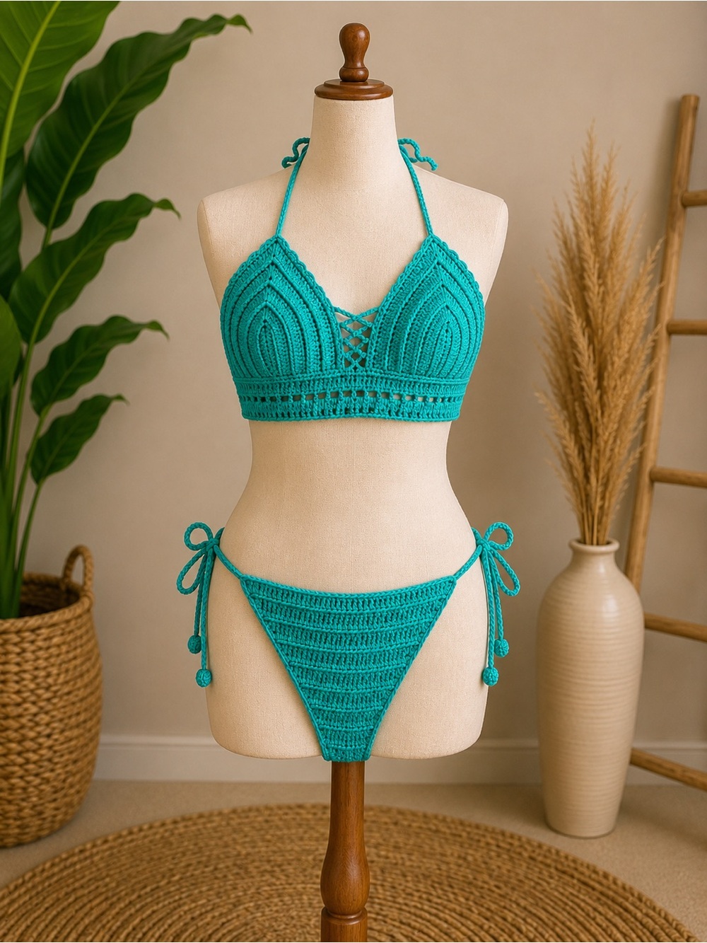 Women’s Crochet Tie-Side Bikini 3 pcs Set - Turquoise